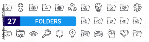set of 27 thin line folders icons such as thunder, radiation, location, science, snowflake, eye, contacts, magnifying, globe. editable stroke vector illustration isolated on white