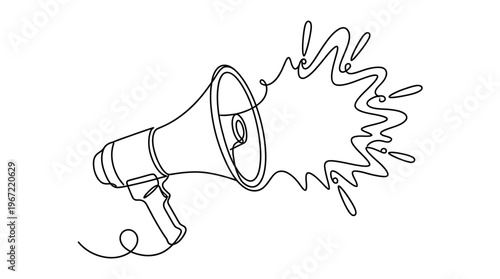 Dynamic continuous line art illustration of a megaphone broadcasting an important public announcement, ideal for marketing campaigns and clear communication messages