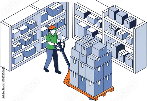 Isometric Warehouse Illustration of Worker Moving Boxes with Pallet Jack for Logistics and Supply Chain Concept