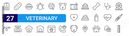 set of 27 thin line veterinary icons such as medical checkup, pet collar, bandage, weight scale, dog carrier, bird house, parasite, dog house, yarn ball. editable stroke vector illustration isolated