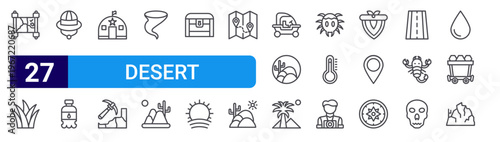 set of 27 thin line desert icons such as treasure map, grass, explorer hat, water bottle, base, mine, tornado, desert, treasure chest. editable stroke vector illustration isolated on white