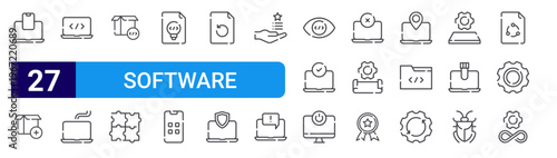 set of 27 thin line software testing icons such as compatibility, add, script, software testing, open box, integration, script, apps, backup. editable stroke vector illustration isolated on white