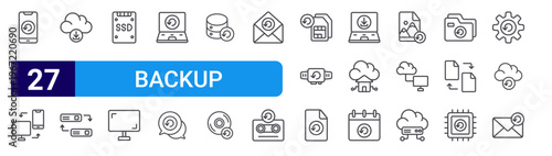 set of 27 thin line backup icons such as smartphone, sync, cloud download, backup, ssd, desktop, laptop, chat, data base. editable stroke vector illustration isolated on white