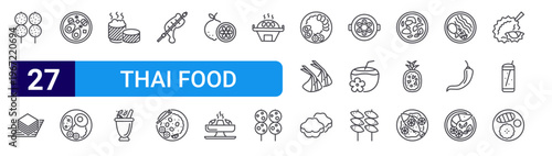 set of 27 thin line thai food icons such as street food, khanom chan, thai food, thai sticky rice, papaya salad, fried rice, lime. editable stroke vector illustration isolated on white