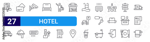 set of 27 thin line hotel icons such as elevator, school bus, credit card, lunch, camera, ac, room, waiter, passenger. editable stroke vector illustration isolated on white