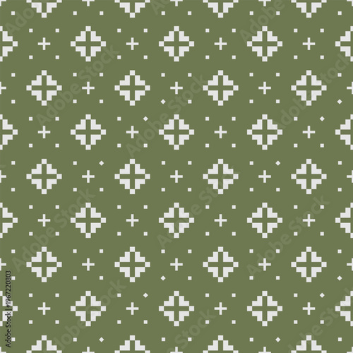 Dense repeating layout with solid diamond shapes enclosing cross centers, surrounded by small dot accents. Pixel-based symmetry creates a compact pattern with tight spacing and structured rhythm.