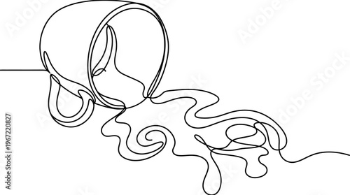 Single continuous line drawing of a spilled coffee cup with liquid flowing out