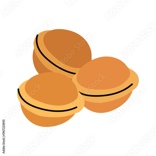 Flat illustration of three traditional walnut-shaped cookies with condensed milk filling. Tasty homemade sweet pastry or dessert for tea break. Isolated delicious snacks on white background