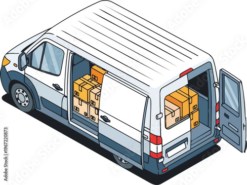Isometric White Delivery Van with Open Doors and Cargo Boxes Illustration for Logistics and E-commerce Shipping