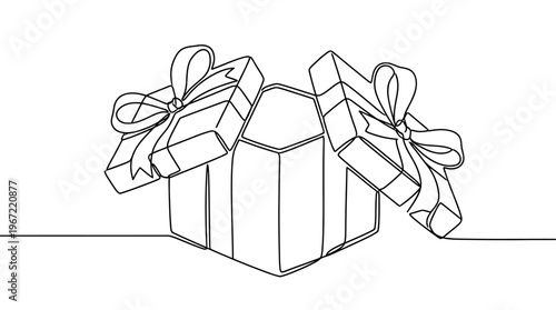 Gift box with ribbon bows, a continuous line drawing concept