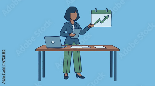 Businesswoman presenting growth data with tablet and calendar at office desk