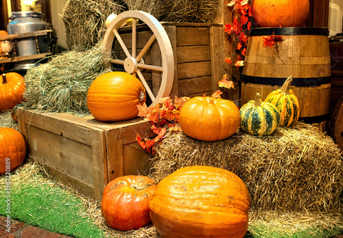 A beautiful composition on the theme of Halloween: pumpkins, rustic carts, bales of straw.
