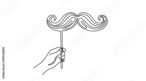 Line art illustration of a hand holding a mustache party prop, a whimsical and fun accessory for adding a touch of humor and disguise to celebrations and events