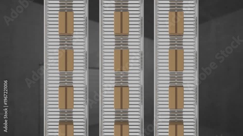 Animation of cardboard boxes on conveyor belts over warehouse