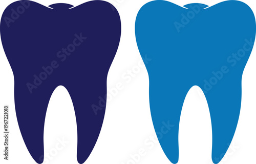Dental health vector illustration, two stylized human teeth, dark blue and light blue molar icons, oral hygiene and dentistry graphic resource for medical websites and educational materials