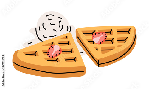 Flat top view illustration of a creative plating composition of Belgian waffle segments, vanilla ice cream scoop and strawberry slices. Gourment delicious dessert. Isolated graphic illustration