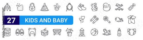 set of 27 thin line kids and baby icons such as hanging toys, milk powder, biscuit, baby shoes, baby bib, hat, pyramid, cake, pacifier. editable stroke vector illustration isolated on white
