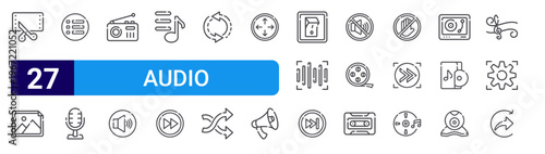 set of 27 thin line audio icons such as video editing, image, options, microphone, caste, speaker, playlist, pause, random. editable stroke vector illustration isolated on white