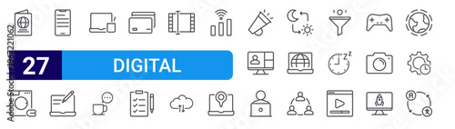 set of 27 thin line digital icons such as passport, laundry, mobile application, content writing, coffee, coffee, credit card, to do list, video editor. editable stroke vector illustration isolated