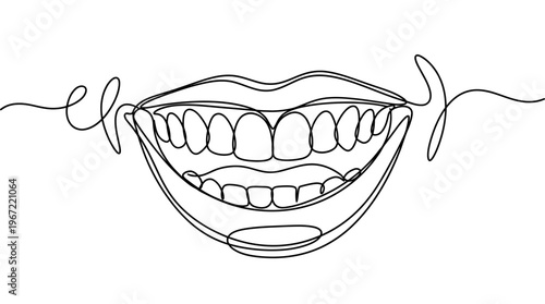 Abstract continuous line drawing of a broad smile with healthy teeth, symbolizing happiness, positive human expression, and dental care aesthetics