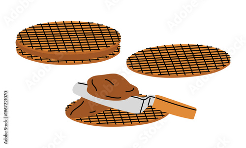 Flat illustration showing the process of spreading chocolate cream on stacked crispy thin wafers. Dessert preparation and creation icon. Isolated bakery graphics on white background. Set