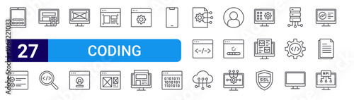 set of 27 thin line coding icons such as tablet, checklist, responsive de, search, mockup de, log in, layout, web de, web maintenance. editable stroke vector illustration isolated on white