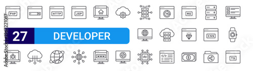 set of 27 thin line developer icons such as php, bug, searching, computing, http, internet, jsp, networking, homepage. editable stroke vector illustration isolated on white