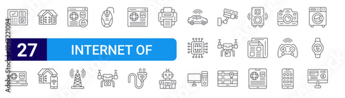 set of 27 thin line internet of things icons such as fingerprint scanner, laptop, smart house, home automation, unsecure,, mouse, drone, website. editable stroke vector illustration isolated on