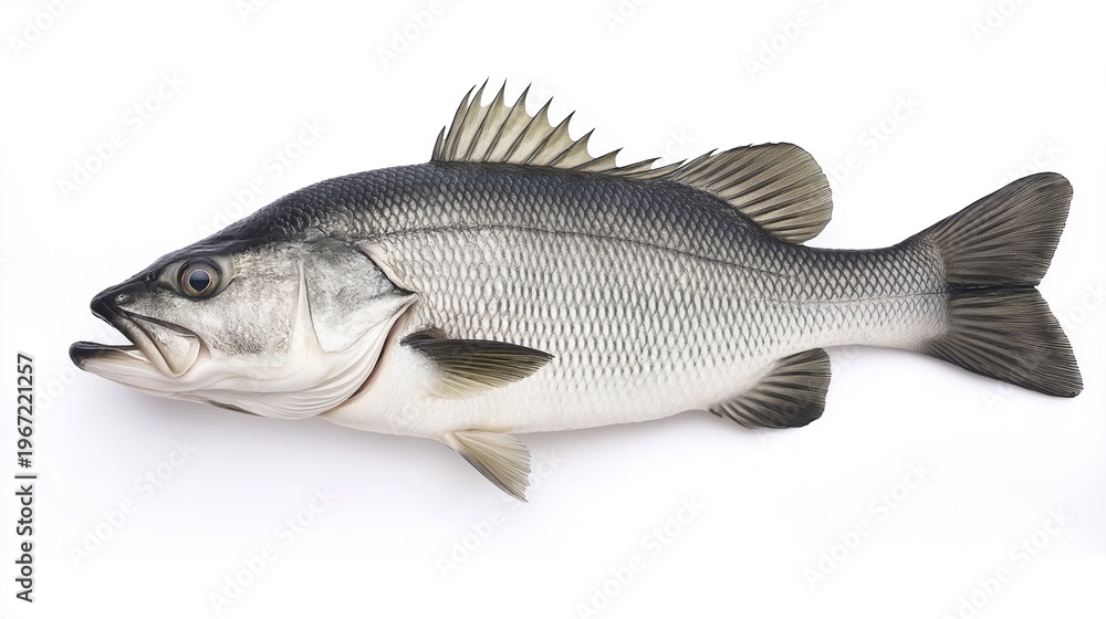 Fototapeta premium seabass. Single sea bass fish isolated on a clean white background showcasing fresh scales and detail. wildlife magazines, conservation campaigns, designed for wildlife conservation campaigns.