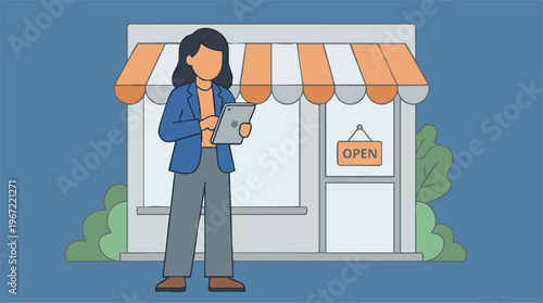 Woman with tablet standing outside a small business storefront