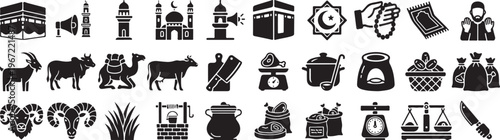Eid al-Adha Islamic Festival of Sacrifice Vector Icon Set, Animals, Hajj, and Charity