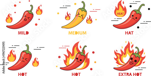 Chili pepper heat levels icons set with mild medium hot extra hot spicy scale and cartoon food illustration