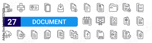 set of 27 thin line document icons such as excel, cloud computing, printer, zip, id card, file, clipboard, copy, inbox. editable stroke vector illustration isolated on white