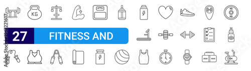 set of 27 thin line fitness and gym icons such as dumbbell, jumping rope, weight lifting, sport bra, chest press, hand grip, muscle, yoga mat, weight scale. editable stroke vector illustration
