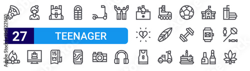 set of 27 thin line teenager icons such as pizza, bonfire, bias, online shopping, backpack, quinceanera, sleeping bag, soda, electric scooter. editable stroke vector illustration isolated on white