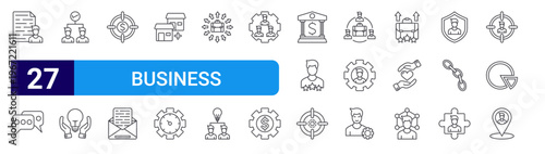 set of 27 thin line business cooperation icons such as contract, talking, cooperation, innovation, target, contract, franchise, time management, opportunity. editable stroke vector illustration