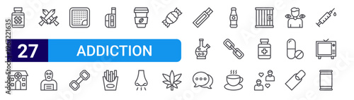 set of 27 thin line addiction icons such as poison, clinic, fighting, criminal, nicotine patch, dumbbell, vape, fries, coffee. editable stroke vector illustration isolated on white