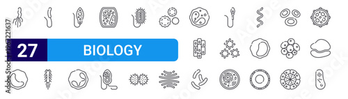 set of 27 thin line biology icons such as helicobacter pylori, monocyte, cholerae vibrio, salmonella typhi, euglena, neutrophil, plant cell, bodo salatans, bacterium. editable stroke vector