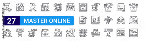set of 27 thin line master online icons such as distance education, knowledge, virtual class, course, overload, master, planning, diploma, self growth. editable stroke vector illustration isolated