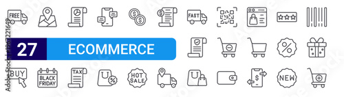 set of 27 thin line ecommerce icons such as free delivery, buy button, map, black friday, sale report, tax, chat box, discount, coin. editable stroke vector illustration isolated on white