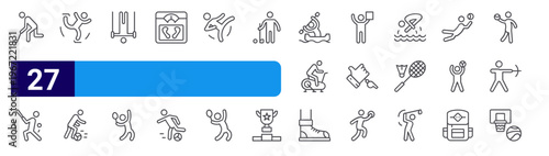 set of 27 thin line s icons such as golf, baseball, skating, kick off, gymnast, badminton, weight scale, kick off, karate. editable stroke vector illustration isolated on white