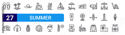 set of 27 thin line summer icons such as sandals, camera, island, kite, pamela hat, pine, maps, watermelon, suroard. editable stroke vector illustration isolated on white