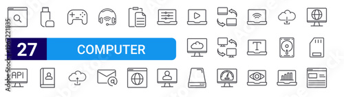 set of 27 thin line computer function icons such as search, application, flash disk, address book, gamepad, cloud computing, headphones, email, paste. editable stroke vector illustration isolated on