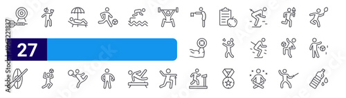 set of 27 thin line s icons such as archery, rowing, keeper, football, sunbath, gymnastic rings, football, handball, diving. editable stroke vector illustration isolated on white