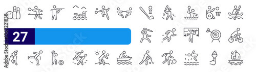 set of 27 thin line s icons such as bowling, jumping, table tennis, figure skating, shooting, weightlifting, swimming pool, short track, squash. editable stroke vector illustration isolated on white