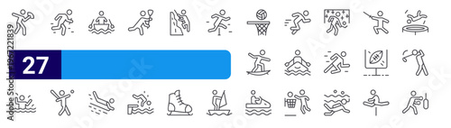 set of 27 thin line s icons such as rugby, swimmer, relay race, baseball, boating, luge, lacrosse, diving, climbing. editable stroke vector illustration isolated on white