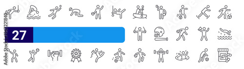 set of 27 thin line s icons such as gymnastics, badminton, diving, volleyball, catching, barbell, ready, badge, volleyball. editable stroke vector illustration isolated on white