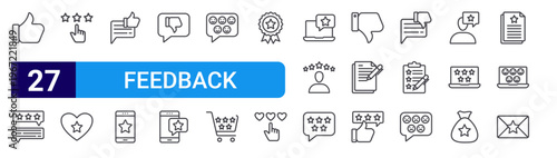 set of 27 thin line feedback icons such as thumb up, review, customer experience, rating, good review, review, bad feedback, rating stars, customer satisfaction. editable stroke vector illustration