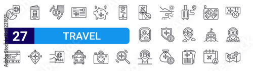 set of 27 thin line travel icons such as travel,, train, compass, currency exchange, passport, postcard, road trip, piggy bank. editable stroke vector illustration isolated on white