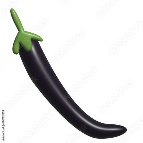 Curved purple eggplant with green stem isolated on transparent background